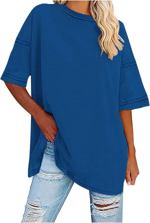 Plus Size Tops for Women Dressy Short Sleeve Split Oversized T-Shirts Casual Oversized Round Neck Tunic Shirt S-2XL