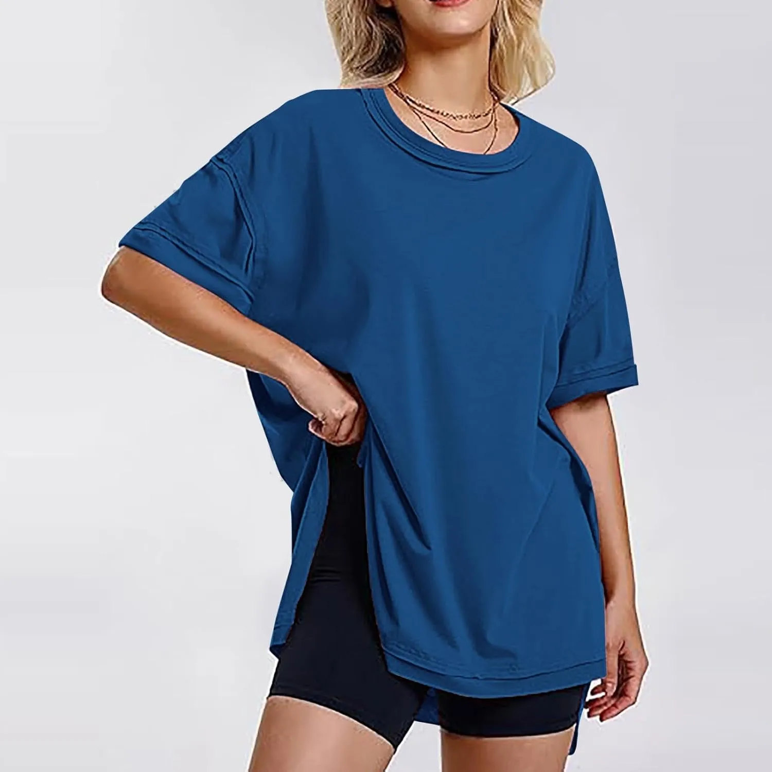 Plus Size Tops for Women Dressy Short Sleeve Split Oversized T-Shirts Casual Oversized Round Neck Tunic Shirt S-2XL