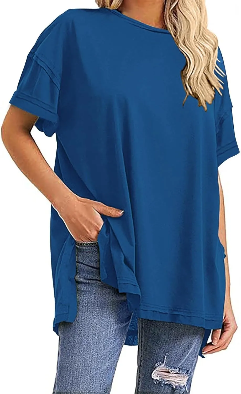 Plus Size Tops for Women Dressy Short Sleeve Split Oversized T-Shirts Casual Oversized Round Neck Tunic Shirt S-2XL