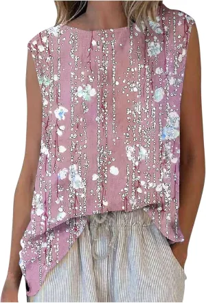 Plus Size Womens Tank Tops Sleeveless Round Neck Floral Printed Lightweight Summer Vests Casual Loose Thin Style Vest