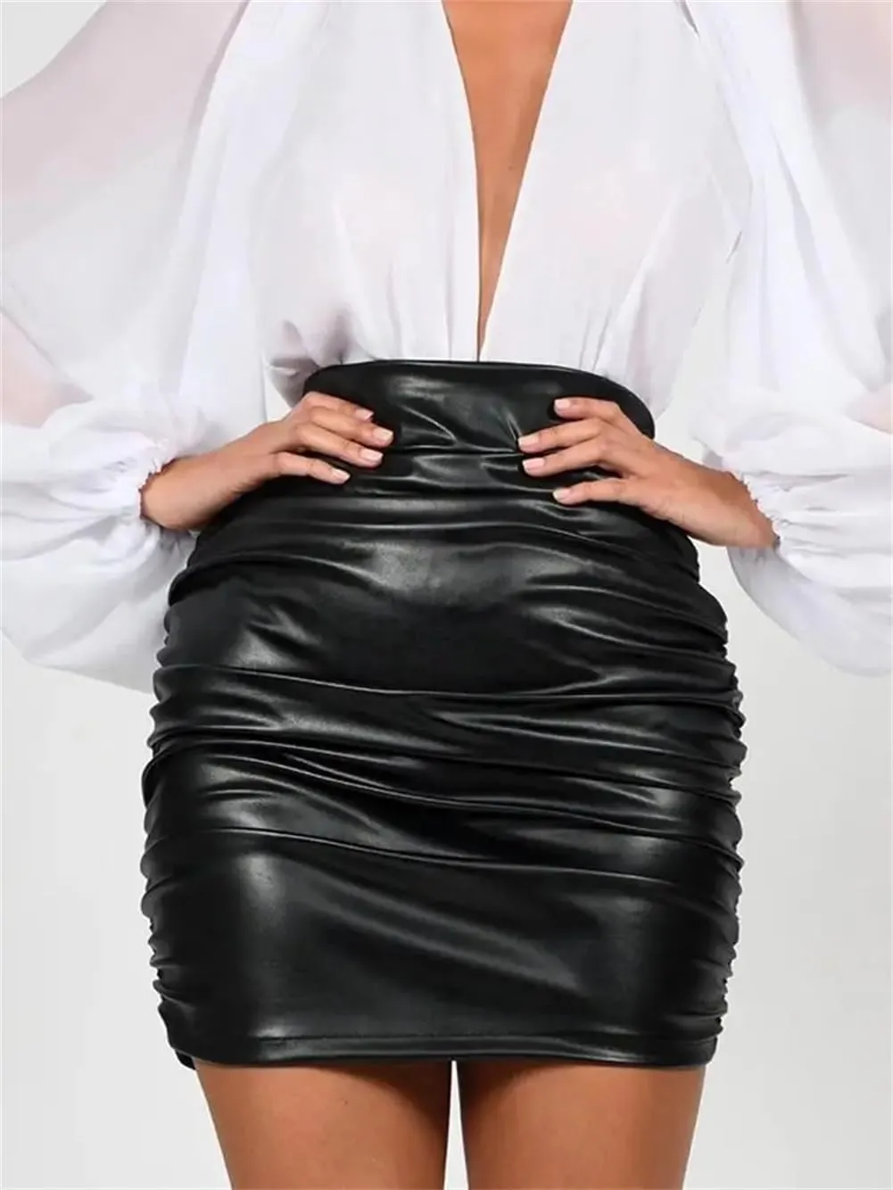 PU Leather Pleated Skirts For Women Mini Bodycon Folds Pencil Skirts High Waist Short Skirts