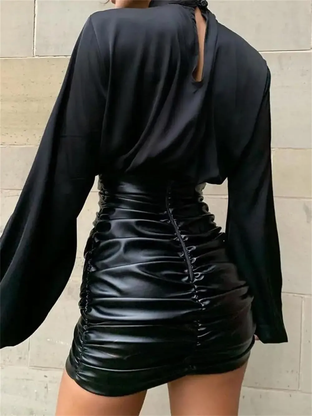 PU Leather Pleated Skirts For Women Mini Bodycon Folds Pencil Skirts High Waist Short Skirts