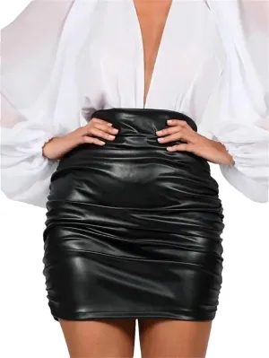 PU Leather Pleated Skirts For Women Mini Bodycon Folds Pencil Skirts High Waist Short Skirts