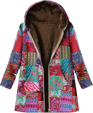 RMXEi Ladies Long Sleeve Zipper Hooded Thick Composite Plush Vintage Flower Print Plus Size Hooded Jacket