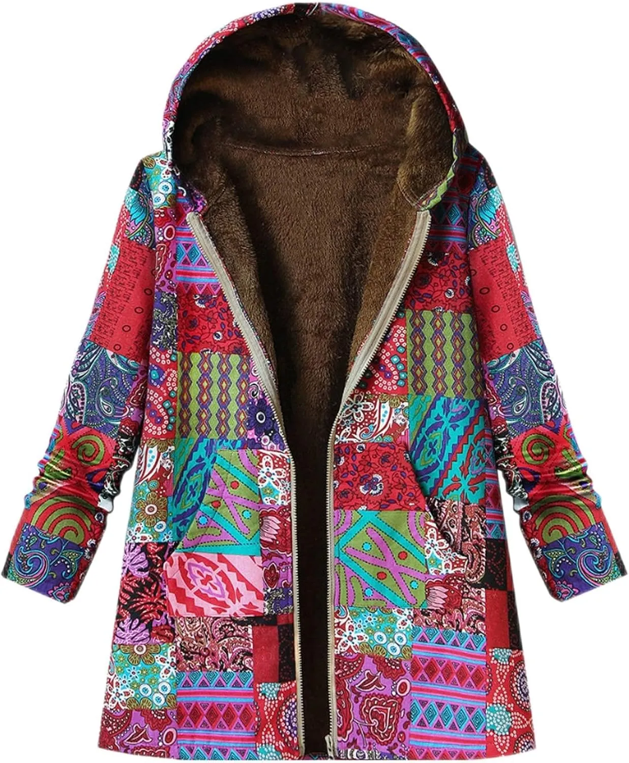RMXEi Ladies Long Sleeve Zipper Hooded Thick Composite Plush Vintage Flower Print Plus Size Hooded Jacket
