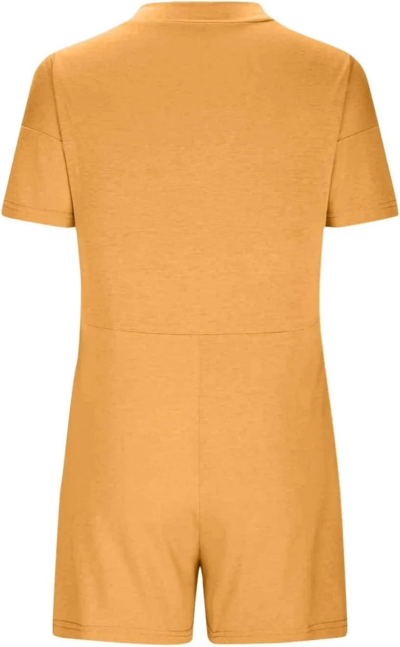 Rompers for Women 2025 Summer Casual Short Sleeve V-Neck Wide Leg One Piece Jumpsuits Loose Overalls With Pockets