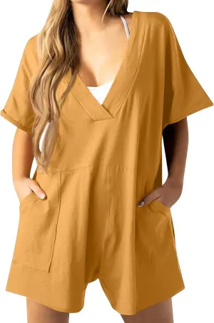 Rompers for Women 2025 Summer Casual Short Sleeve V-Neck Wide Leg One Piece Jumpsuits Loose Overalls With Pockets