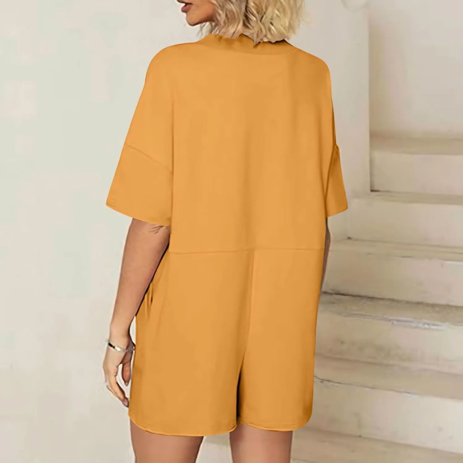Rompers for Women 2025 Summer Casual Short Sleeve V-Neck Wide Leg One Piece Jumpsuits Loose Overalls With Pockets