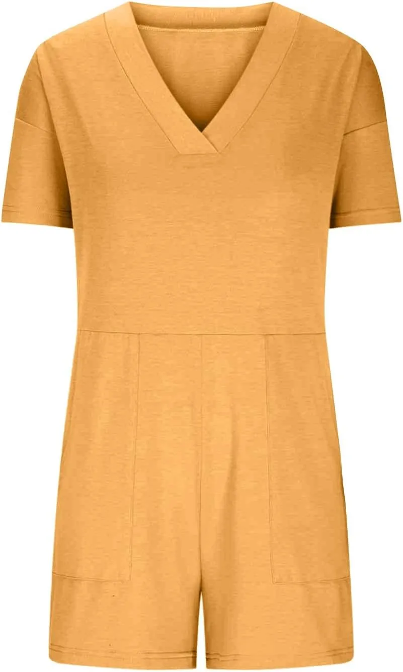 Rompers for Women 2025 Summer Casual Short Sleeve V-Neck Wide Leg One Piece Jumpsuits Loose Overalls With Pockets