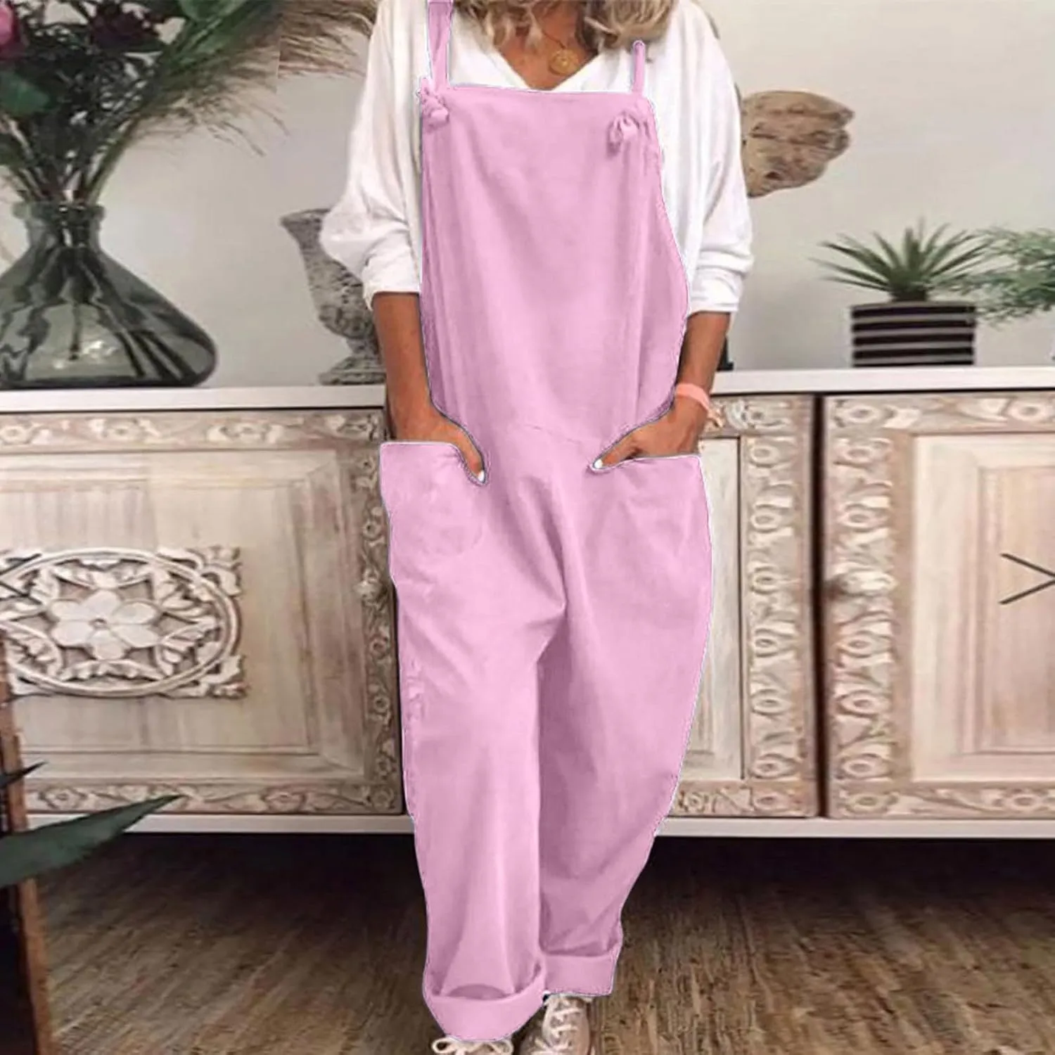 Rompers for Women Casual Dressy Cotton Linen Spaghetti Strap Summer Jumpsuits With Pockets Harem Long Pants Overalls