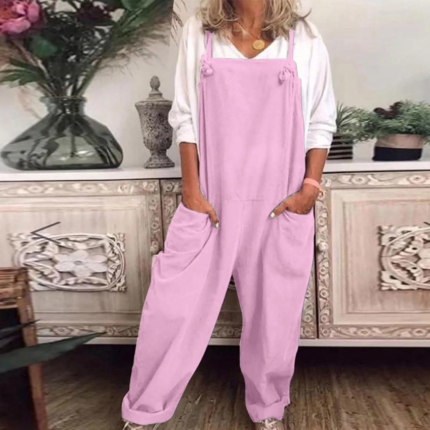 Rompers for Women Casual Dressy Cotton Linen Spaghetti Strap Summer Jumpsuits With Pockets Harem Long Pants Overalls