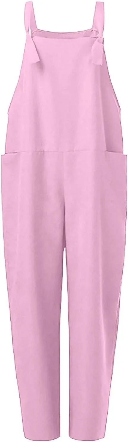Rompers for Women Casual Dressy Cotton Linen Spaghetti Strap Summer Jumpsuits With Pockets Harem Long Pants Overalls