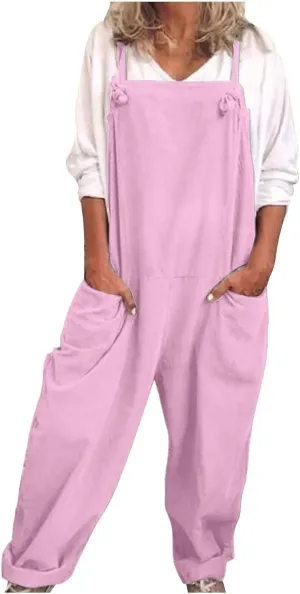 Rompers for Women Casual Dressy Cotton Linen Spaghetti Strap Summer Jumpsuits With Pockets Harem Long Pants Overalls