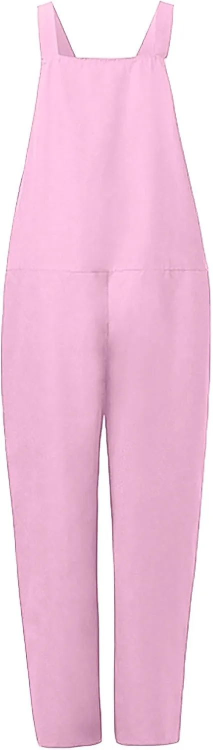 Rompers for Women Casual Dressy Cotton Linen Spaghetti Strap Summer Jumpsuits With Pockets Harem Long Pants Overalls