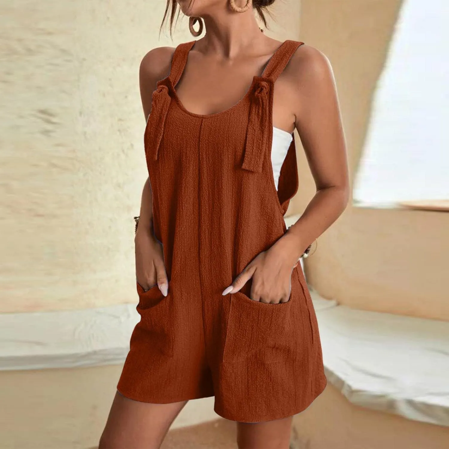 Rompers for Women Dressy Summer Romper 2025 Comfy Casual Sleeveless Boho Suspenders Jumpsuits with Pockets