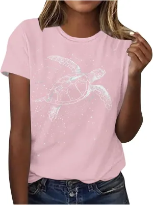 Sea Turtles Graphic Tops for Women Crewneck Short Sleeve Tshirts Summer Casual Trendy Blouses Beach Vacation Tees