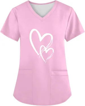 Segaven Womens Scrub Tops Trendy Print V Neck Nursing Tops Casual Short Sleeve Working Uniform With Pockets