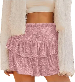 Sequin Skirt Women Glitter Mini Skirts Sparkle Short Skirt High Waist Ruffle Skirts Shiny Flowy Skirt Pleated Skirts