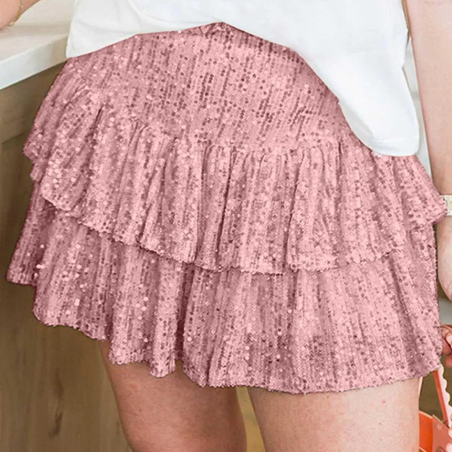 Sequin Skirt Women Glitter Mini Skirts Sparkle Short Skirt High Waist Ruffle Skirts Shiny Flowy Skirt Pleated Skirts