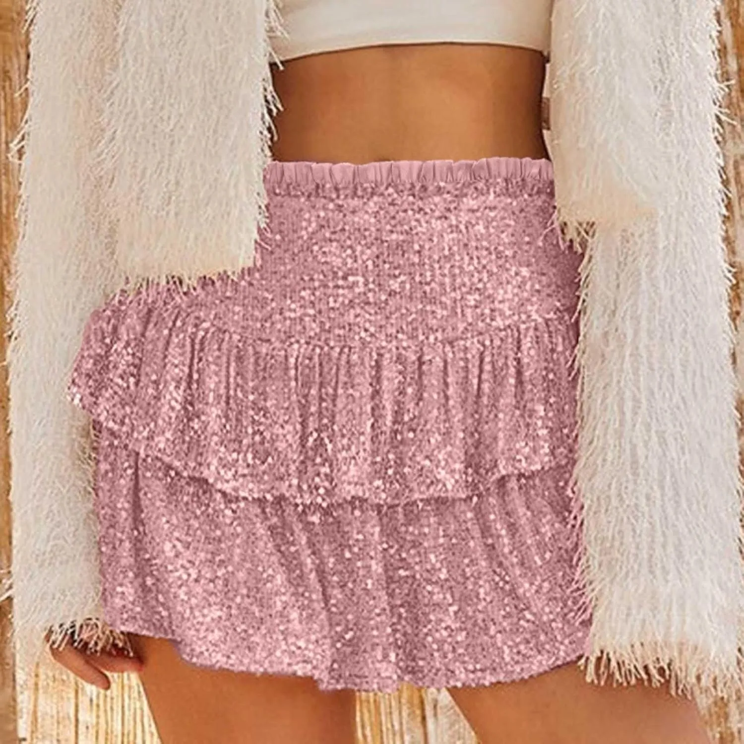 Sequin Skirt Women Glitter Mini Skirts Sparkle Short Skirt High Waist Ruffle Skirts Shiny Flowy Skirt Pleated Skirts