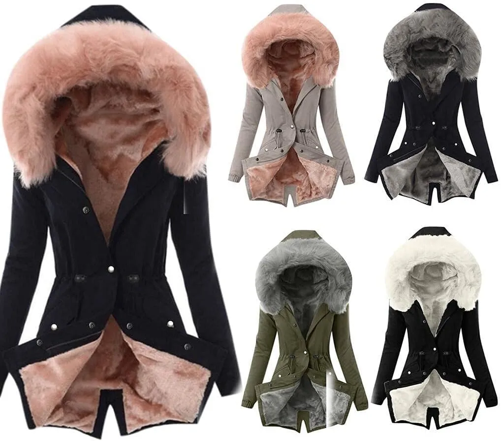 SERYU Women Parka Coat Faux Fur Hooded Thicken Warm Outwear Fleece Lined Downs Puffer Jacket