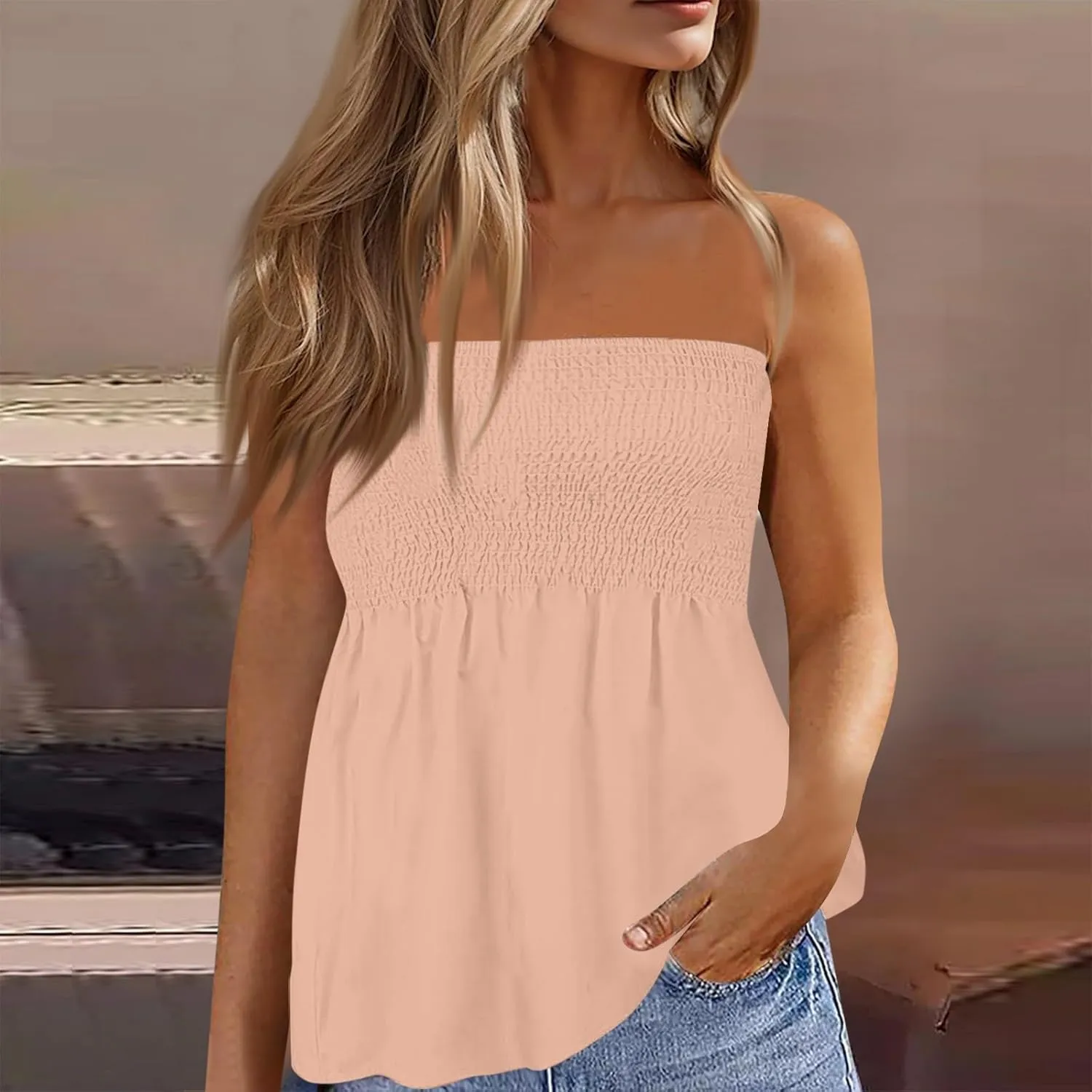 Sexy Tank Tops for Women Summer Strapless Tube Top Flare Hem Bandeau Backless Funny Shirts Holiday Sleeveless Blouse