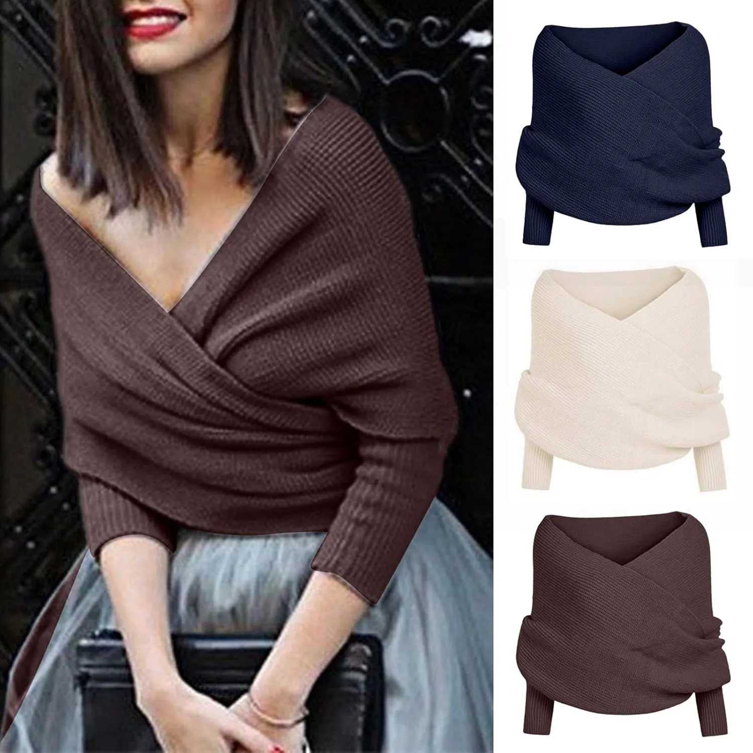 Shawl Wraps for Women Knitted Cable Wrap Sweater for Women Knitted Double Sleeve Scarf Hollow Out Crochet Shrugs