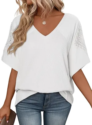 SHEWIN Womens Shirts Waffle Knit Tops Short Sleeve V Neck T Shirts Spring Tops for Women
