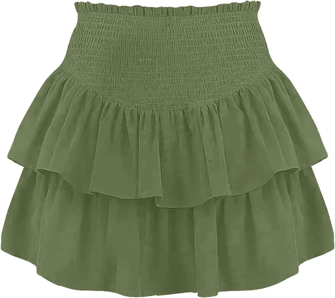 Skirt for Women Women Ruffle Layered Mini Skirts Smocked a Line Pleated Short Skirt Boho Beach Mini Skirt