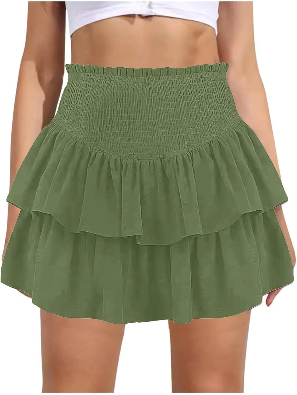 Skirt for Women Women Ruffle Layered Mini Skirts Smocked a Line Pleated Short Skirt Boho Beach Mini Skirt