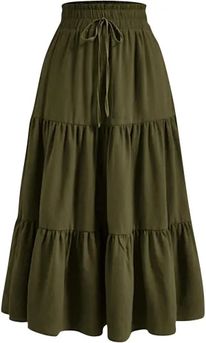 Skirts for Women Summer Boho Maxi Skirt Flowy Ruffle Tiered Elastic High Waist Smocked Dresses Beach Casual Dress
