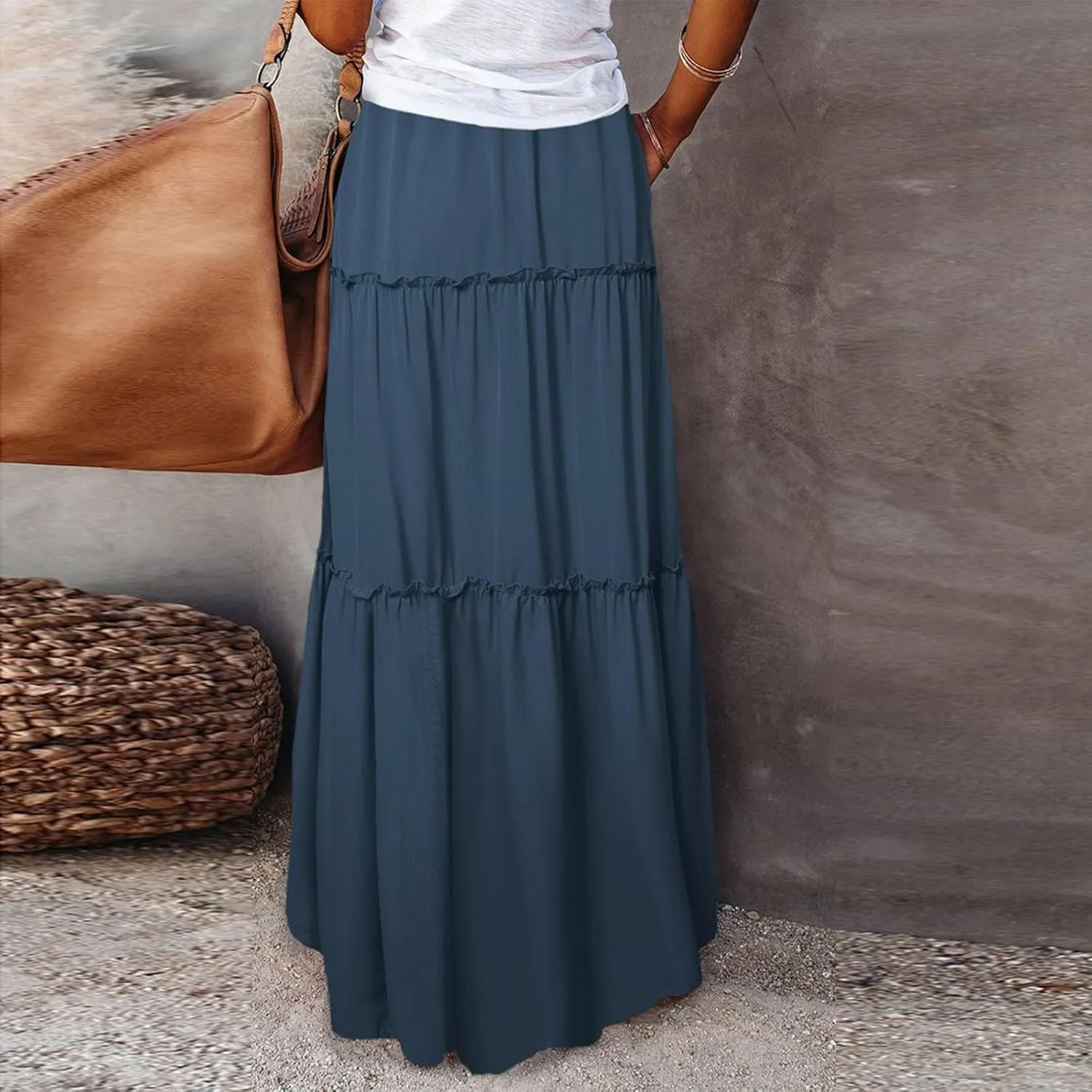 Skirts for Women Summer Flowy Tiered Elastic High Waisted Skirt Vacation Swing Long Solid Maxi Skirts