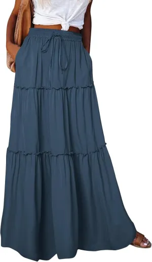 Skirts for Women Summer Flowy Tiered Elastic High Waisted Skirt Vacation Swing Long Solid Maxi Skirts