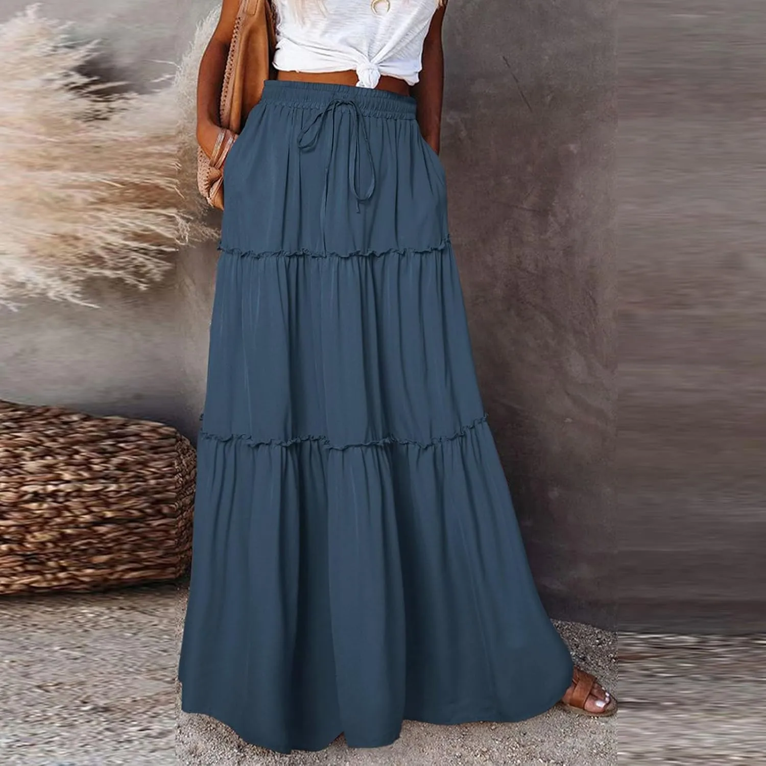 Skirts for Women Summer Flowy Tiered Elastic High Waisted Skirt Vacation Swing Long Solid Maxi Skirts