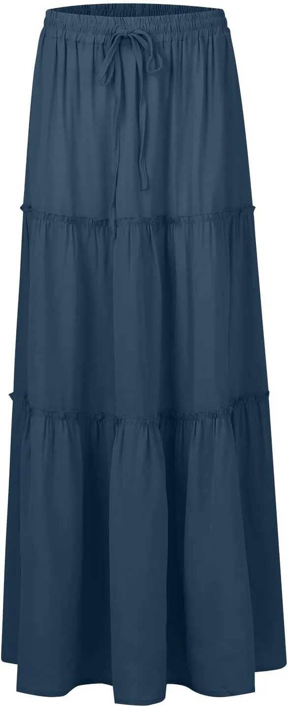 Skirts for Women Summer Flowy Tiered Elastic High Waisted Skirt Vacation Swing Long Solid Maxi Skirts