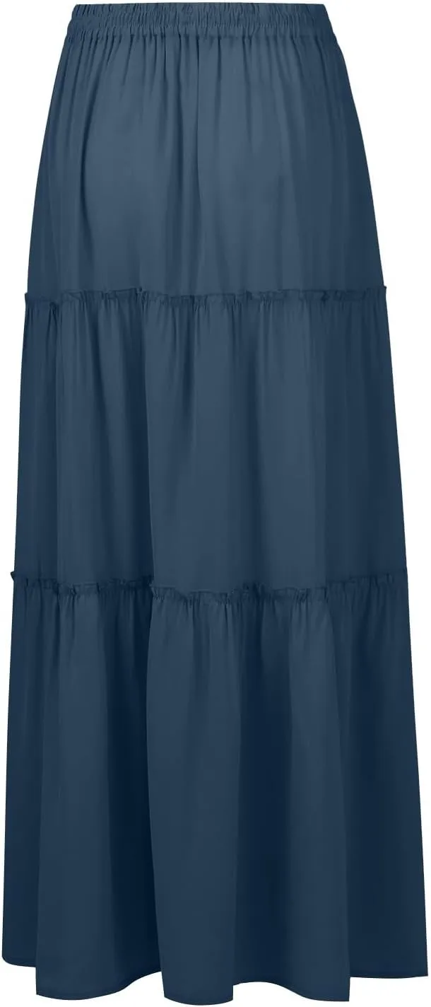 Skirts for Women Summer Flowy Tiered Elastic High Waisted Skirt Vacation Swing Long Solid Maxi Skirts