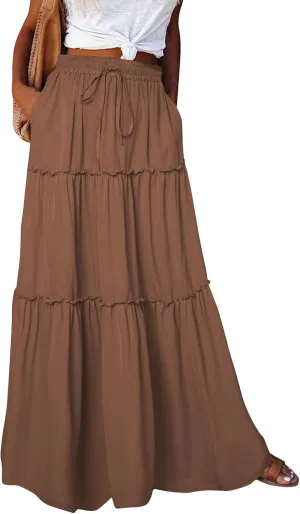 Skirts for Women Summer Flowy Tiered Elastic High Waisted Skirt Vacation Swing Long Solid/Floral Maxi Skirts