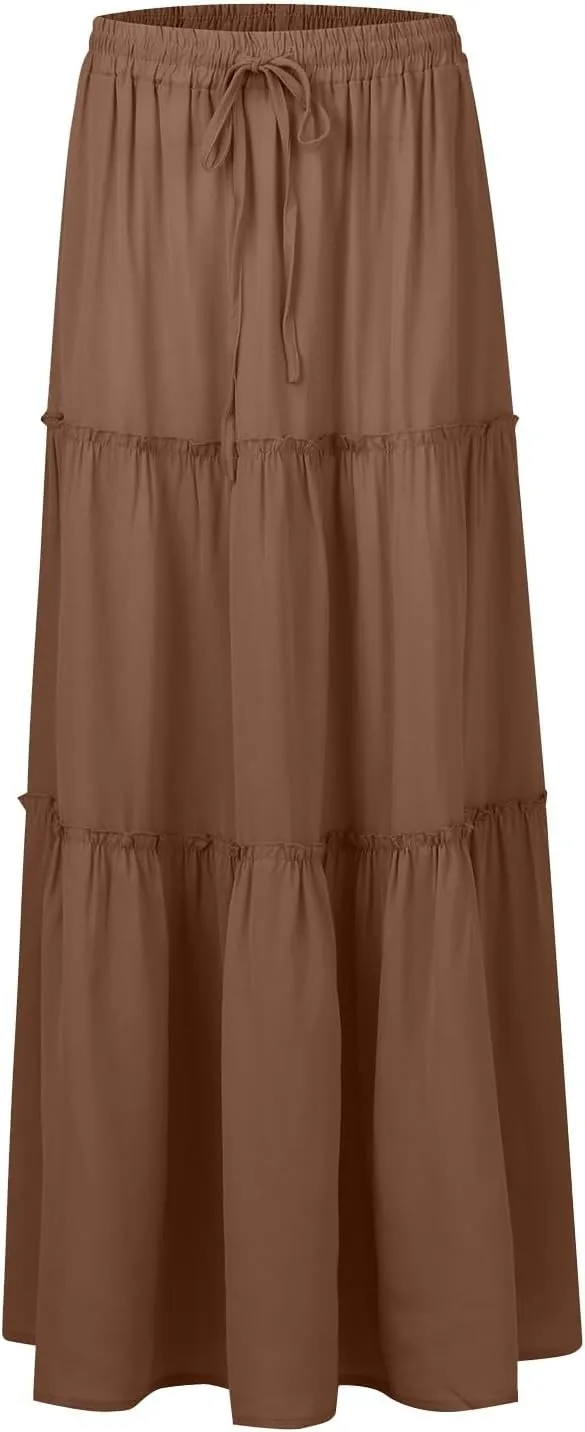 Skirts for Women Summer Flowy Tiered Elastic High Waisted Skirt Vacation Swing Long Solid/Floral Maxi Skirts
