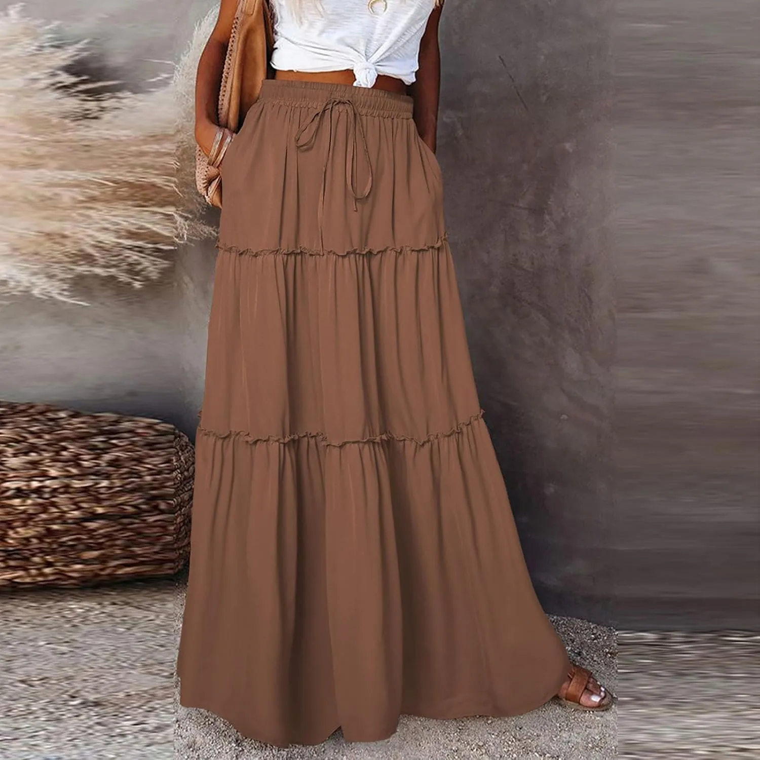 Skirts for Women Summer Flowy Tiered Elastic High Waisted Skirt Vacation Swing Long Solid/Floral Maxi Skirts