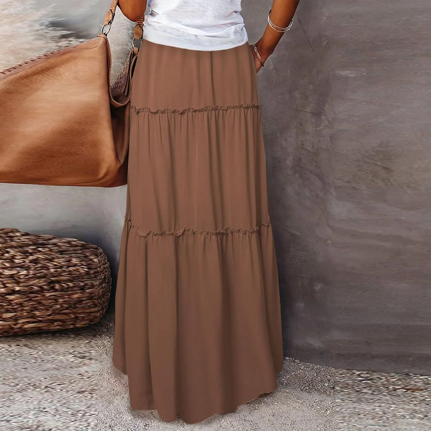 Skirts for Women Summer Flowy Tiered Elastic High Waisted Skirt Vacation Swing Long Solid/Floral Maxi Skirts