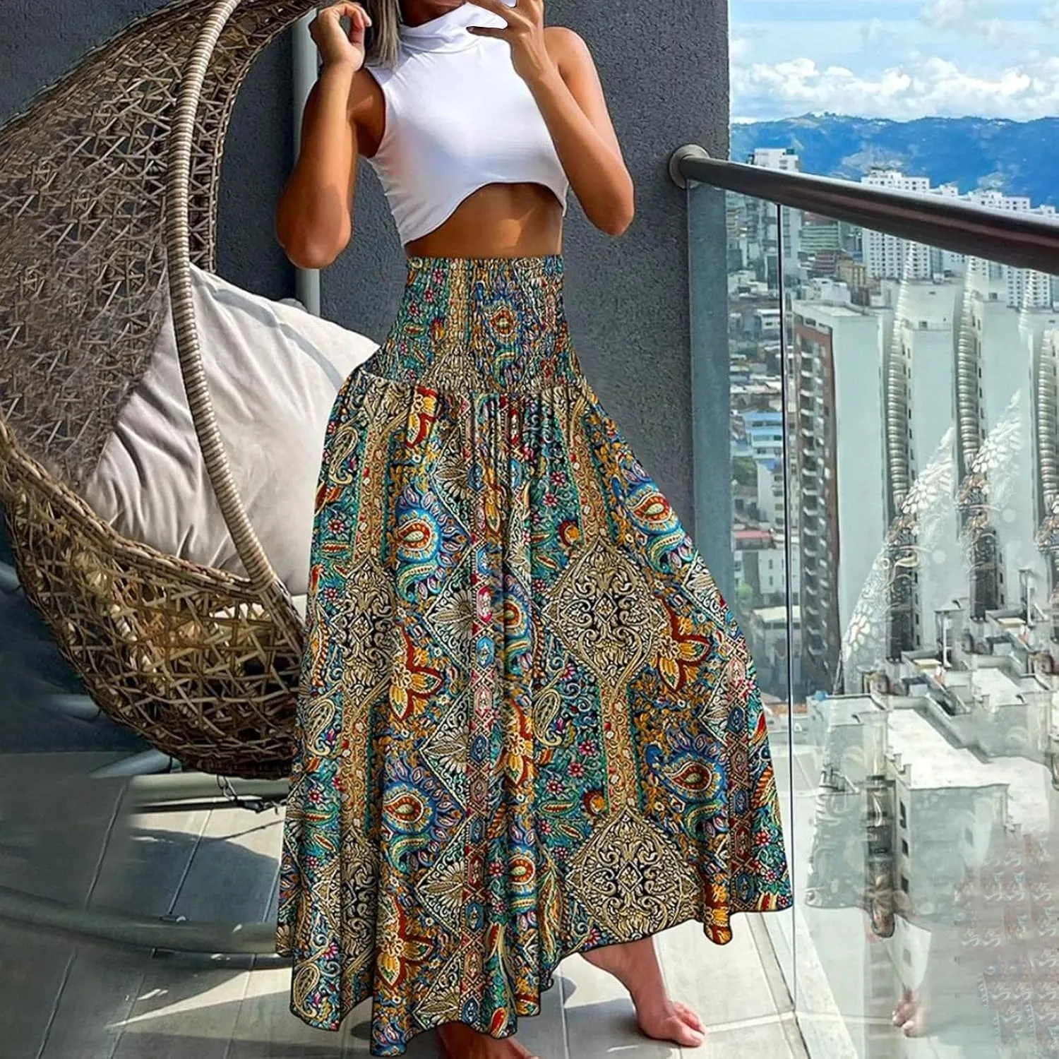 Skirts for Women Trendy Ruffle Smocked High Waist Stretch Bohemian Skirts Fashion Vintage Floral Boho Maxi Skirts