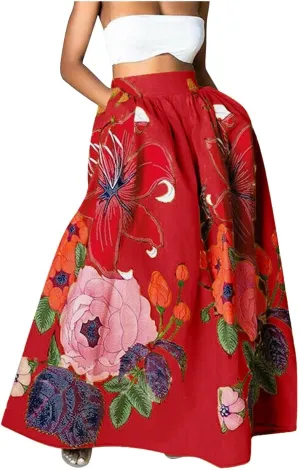 Skirts for Women Women Summer High Waisted Floral Printed Long Skirts Boho Flowy A Line Maxi Skirt with Pockets