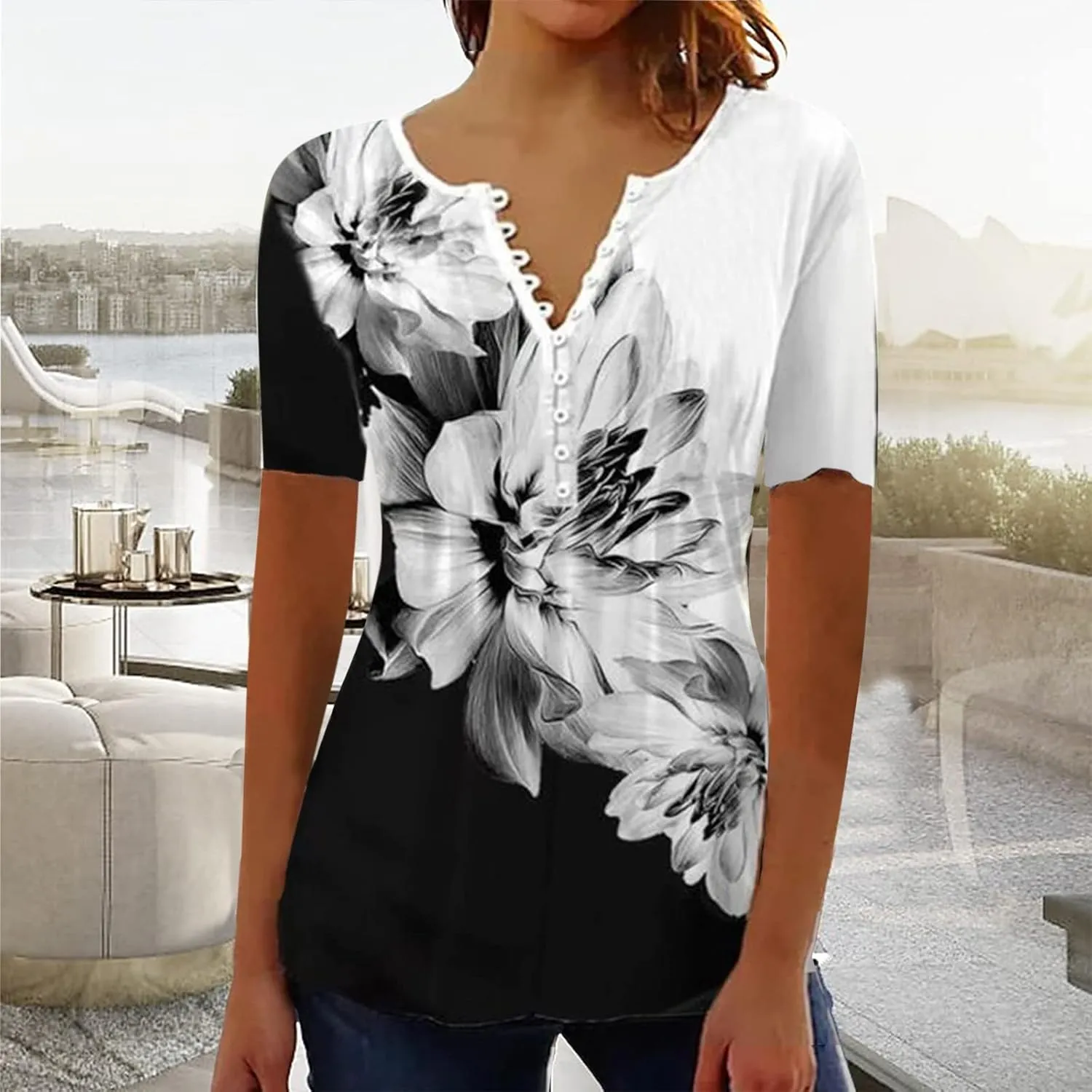SMIDOW Plus Size Tunic Tops for Women Trendy 2024 Boho Floral Shirts Short Sleeve Notch v Neck t-Shirt Graphic Tees Blouse