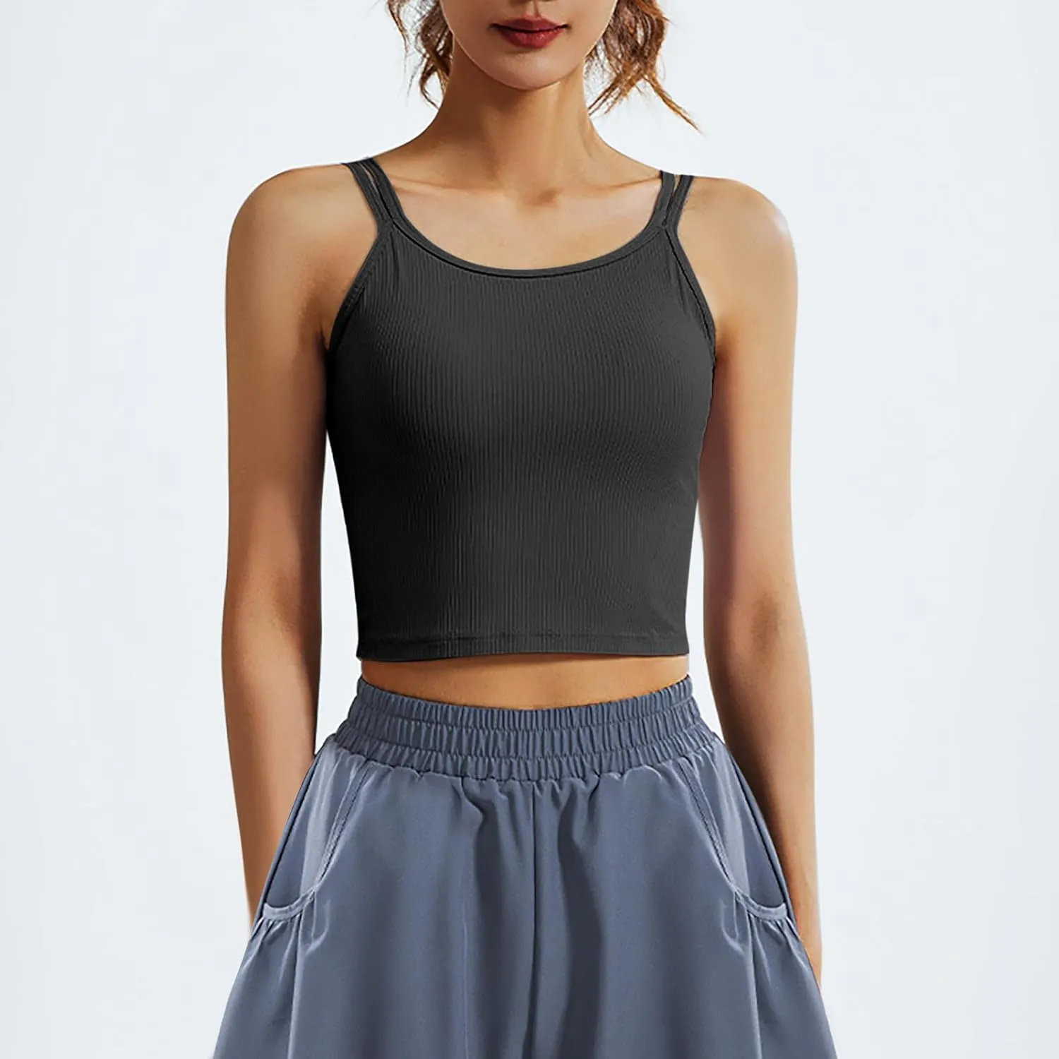 Spaghetti Strap Tank Tops Women Scoop Neck Sleeveless Sports Top Fashion Yoga Workout Gym Beach Vacation Outfits