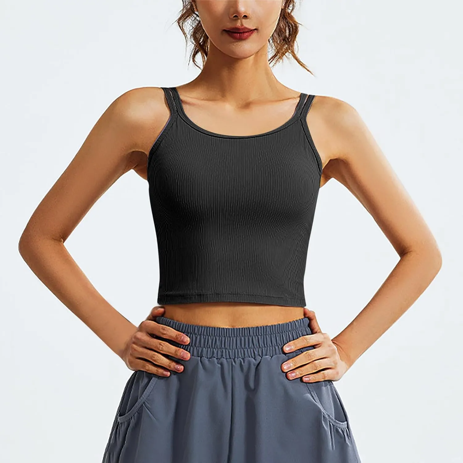 Spaghetti Strap Tank Tops Women Scoop Neck Sleeveless Sports Top Fashion Yoga Workout Gym Beach Vacation Outfits