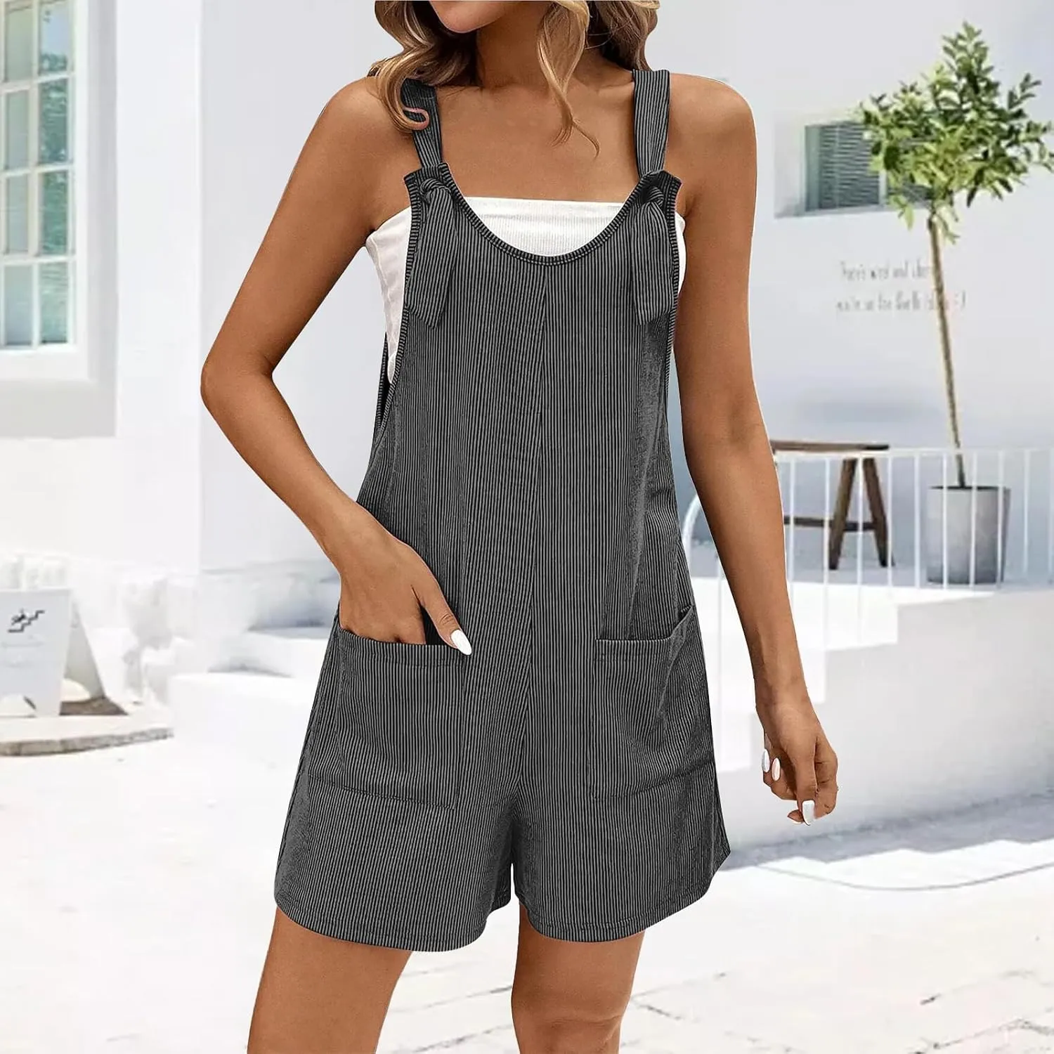 Striped Overalls for Women Casual Adjustable Straps Sleeveless Rompers Summer One Piece Jumpsuit with Pockets