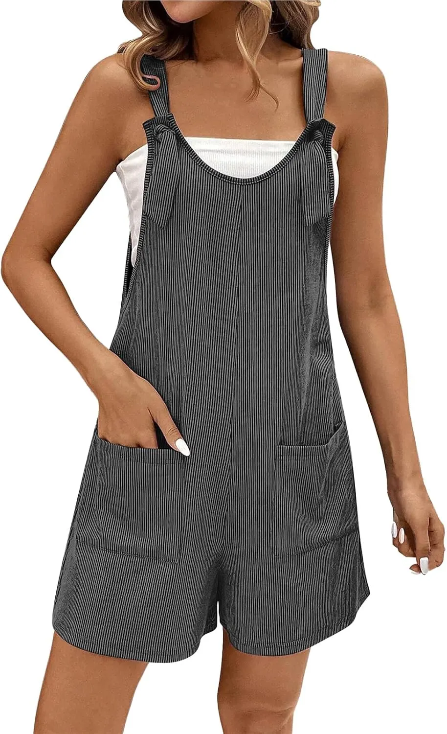 Striped Overalls for Women Casual Adjustable Straps Sleeveless Rompers Summer One Piece Jumpsuit with Pockets
