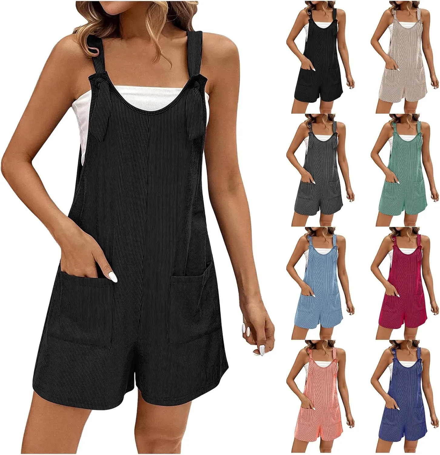 Striped Overalls for Women Casual Adjustable Straps Sleeveless Rompers Summer One Piece Jumpsuit with Pockets