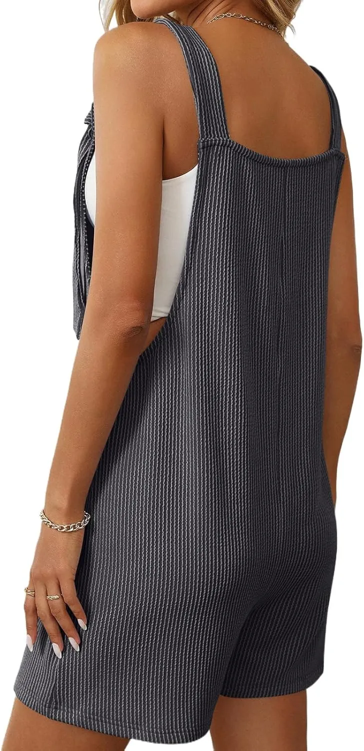 Striped Overalls for Women Casual Adjustable Straps Sleeveless Rompers Summer One Piece Jumpsuit with Pockets