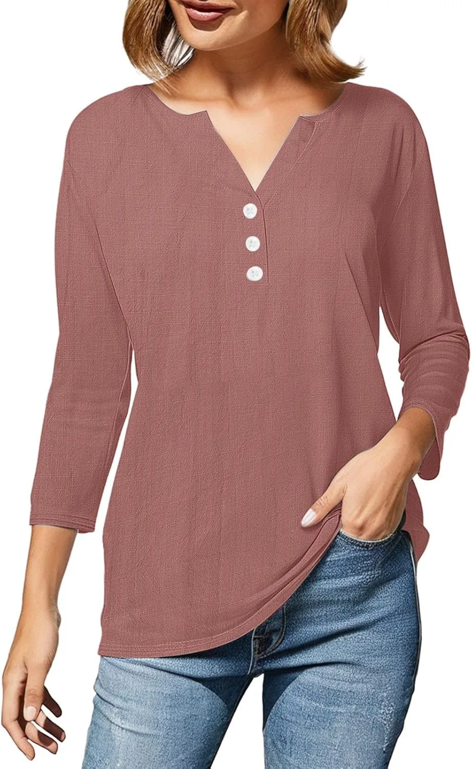 Summer Cotton Linen Shirts for Women 2025 Fashion Solid Color V Neck 3/4 Sleeve Tops Plus Size Casual Loose Blouses